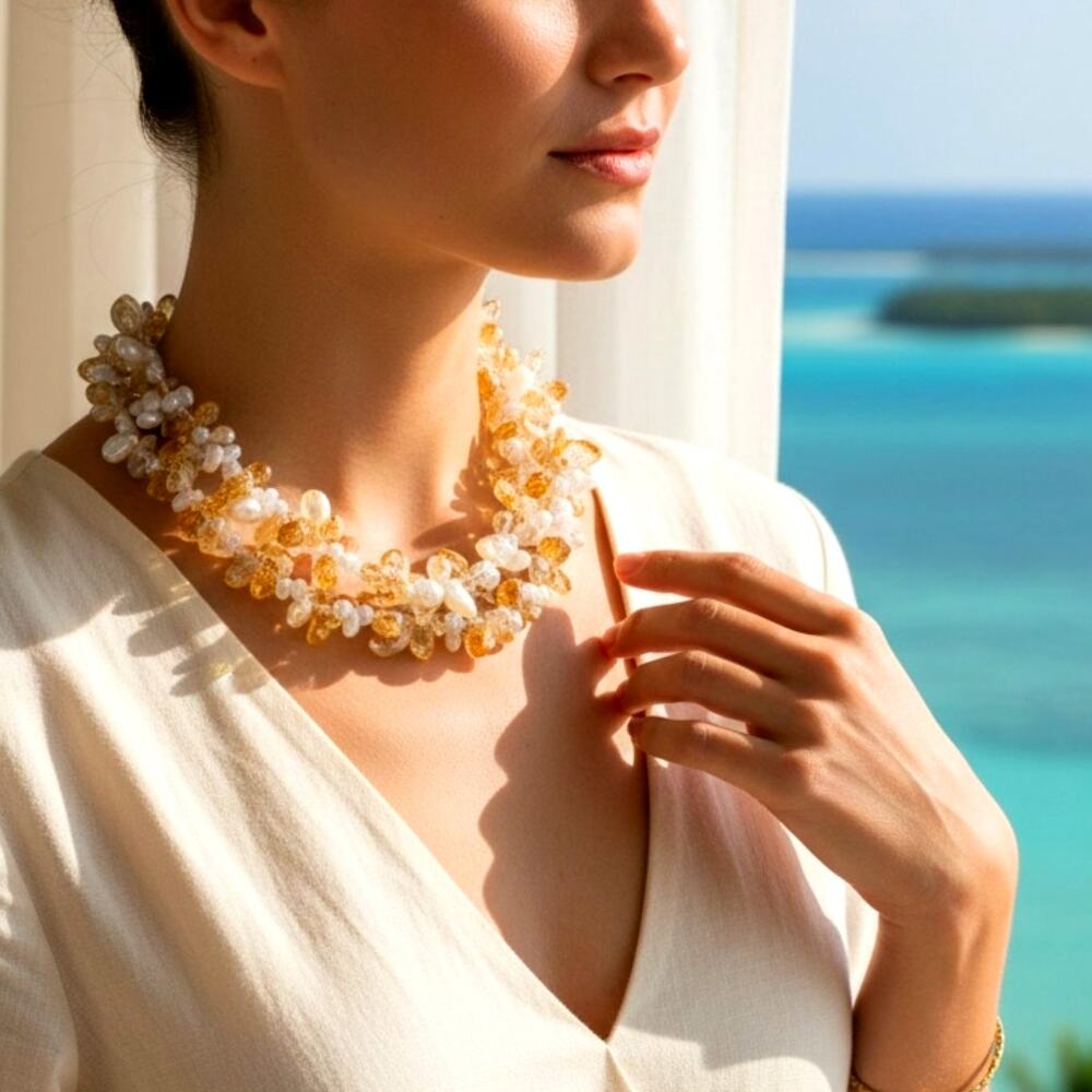 Rutilated Citrine & Freshwater Pearl Floating Necklace